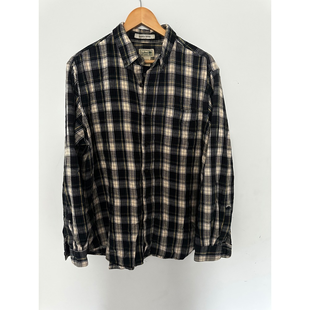 LL Bean Mens Large Slightly Fitted Plaid Flannel Shirt Navy Cream 298167